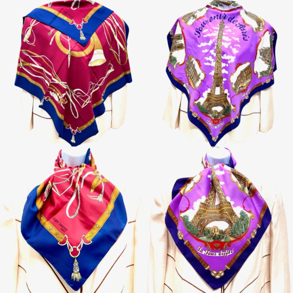 Pair VGT Roger L. Paris Scarf  30"  Eiffel Tower Purple Gold red blue color(26